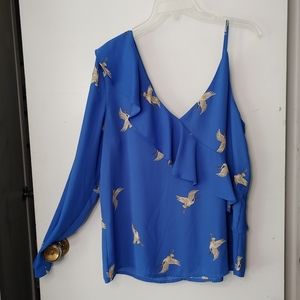 Belle Sky Blue Crane Bird One Shoulder Ruffle Detail Blouse